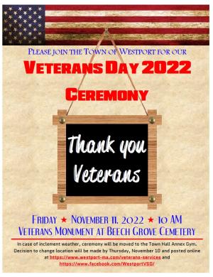 Westport Veterans Day 2022 Ceremony, Friday, November 11, 2022, 10 AM, Beech Grove Cemetery