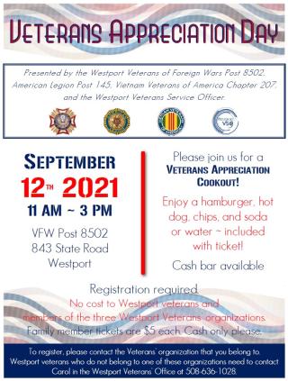 Veterans Appreciation Day Cookout, Sunday, September 12, 2021, 11 AM to 3 PM